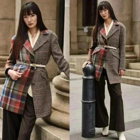 VERONICA BEARD Dickey Jacket Long Over Coat Wool Plaid Patchwork XS 0 2 $1200 - Picture 4 of 16